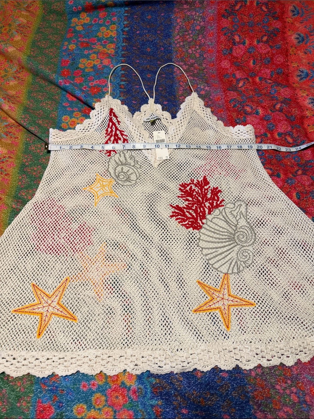 Anthropologie Cream Crochet Mesh Swim Coverup with Red and Yellow Embroidery - Picture 7 of 10